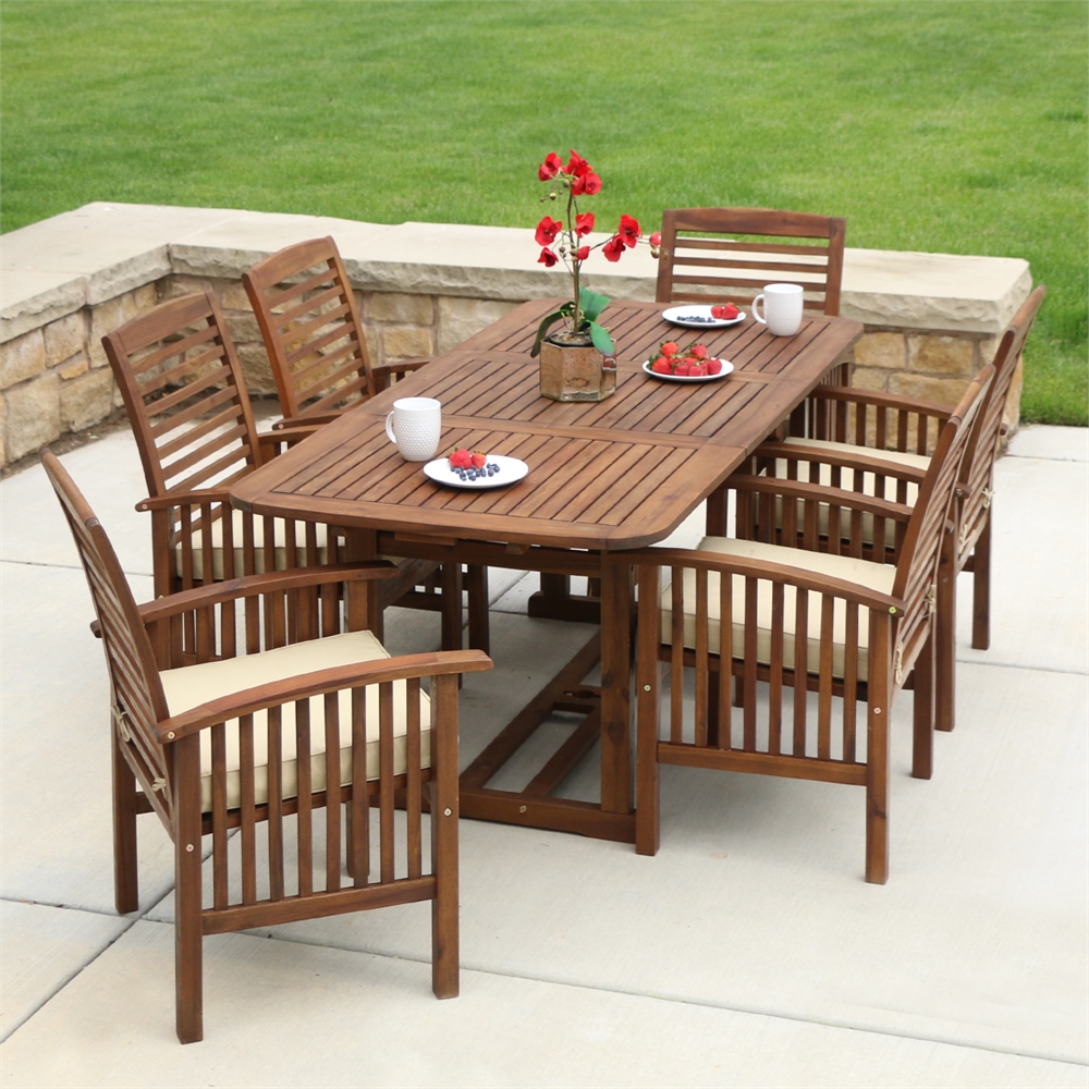 7-Piece Dark Brown Acacia Patio Dining Set with Cushions. Picture 2