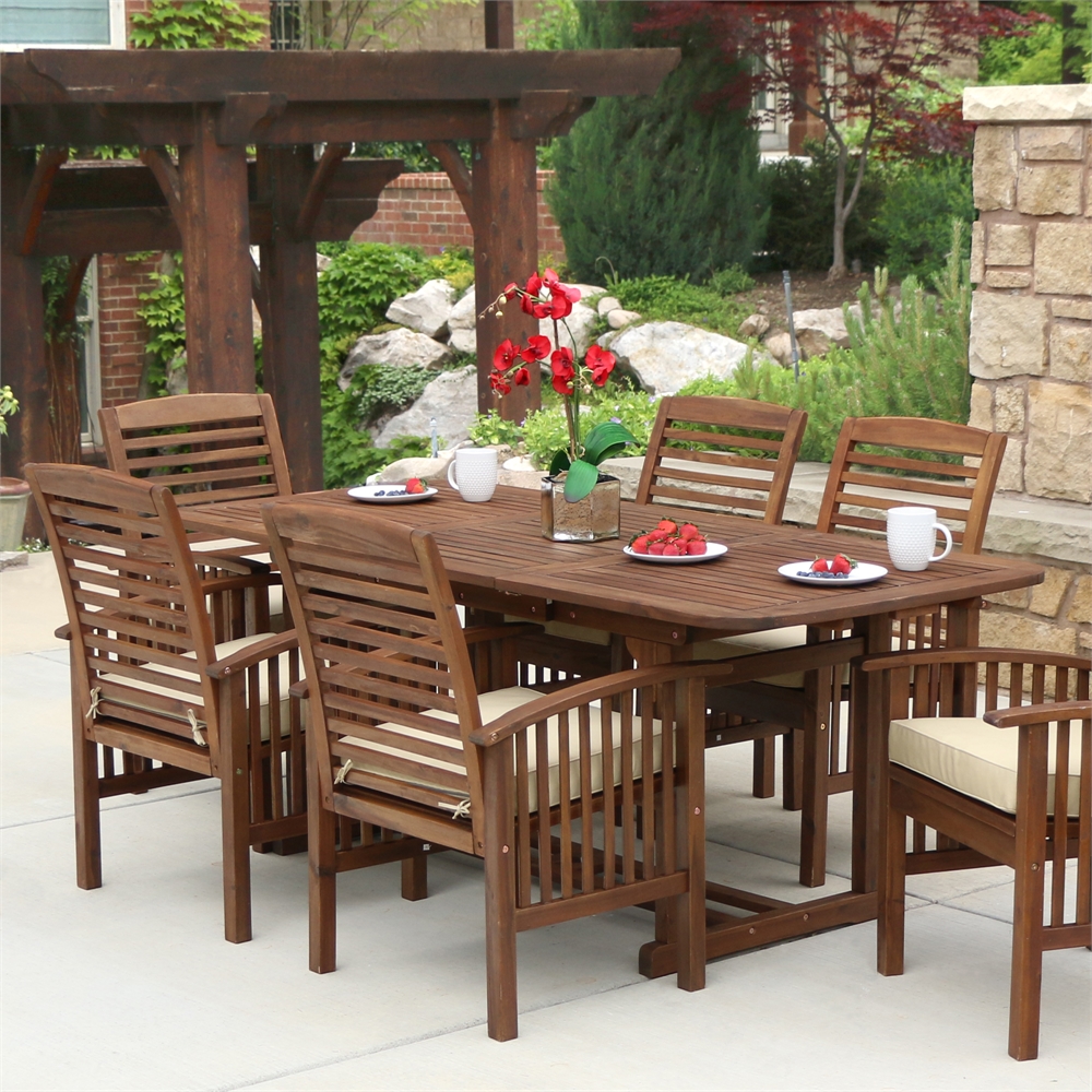 7-Piece Dark Brown Acacia Patio Dining Set with Cushions. Picture 3