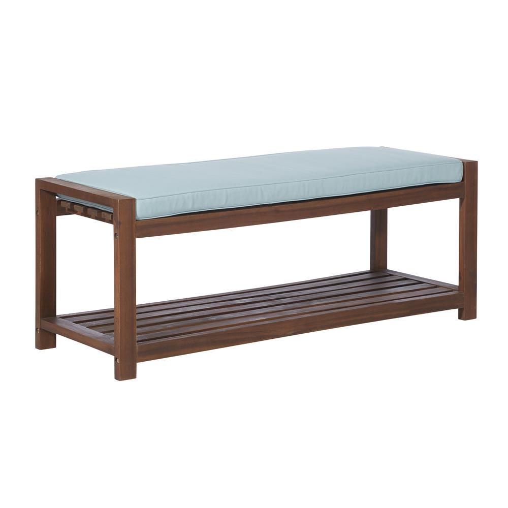 48" Acacia Wood Outdoor Bench - Dark Brown/Blue. Picture 1