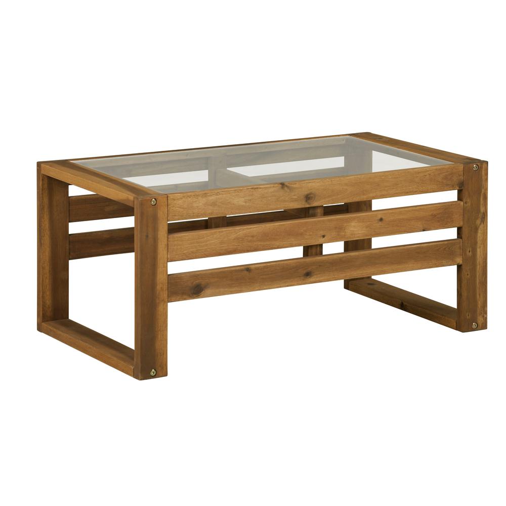 Hudson Collection Wood Coffee Table with Tempered Glass Top - Brown. Picture 1