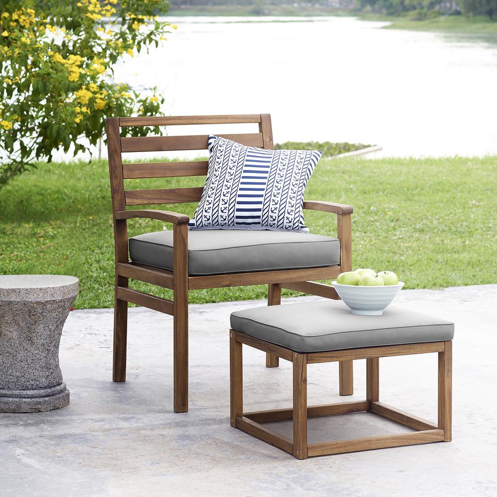 Acacia Wood Outdoor Patio Chair & Pull Out Ottoman - Brown/Grey. Picture 2