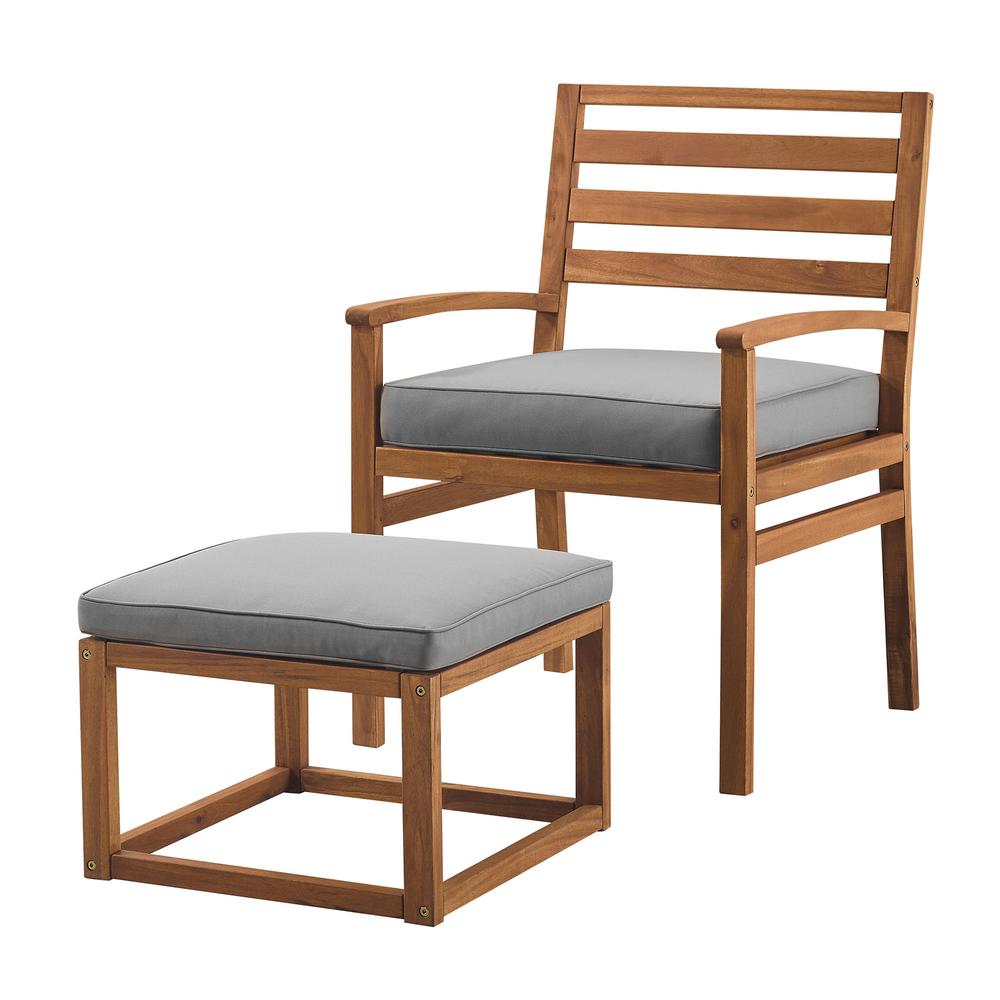 Acacia Wood Outdoor Patio Chair & Pull Out Ottoman - Brown/Grey. Picture 1