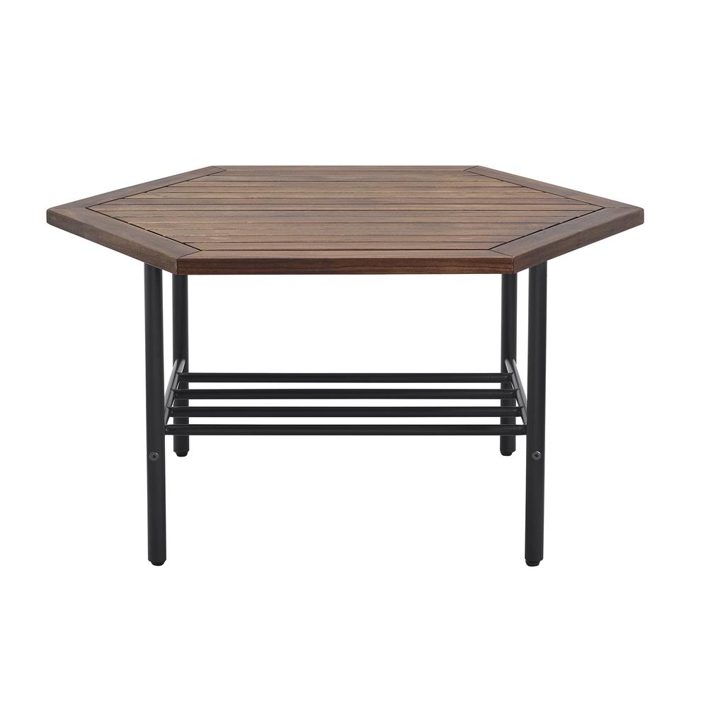 Pearson Modern Wood and Metal Outdoor Hexagon Coffee Table - Dark Brown. Picture 1