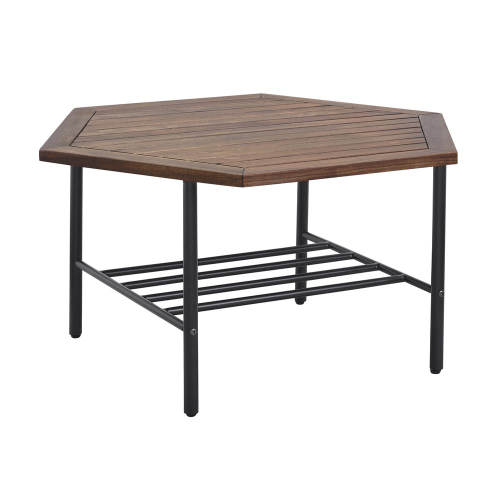 Pearson Modern Wood and Metal Outdoor Hexagon Coffee Table - Dark Brown. Picture 2