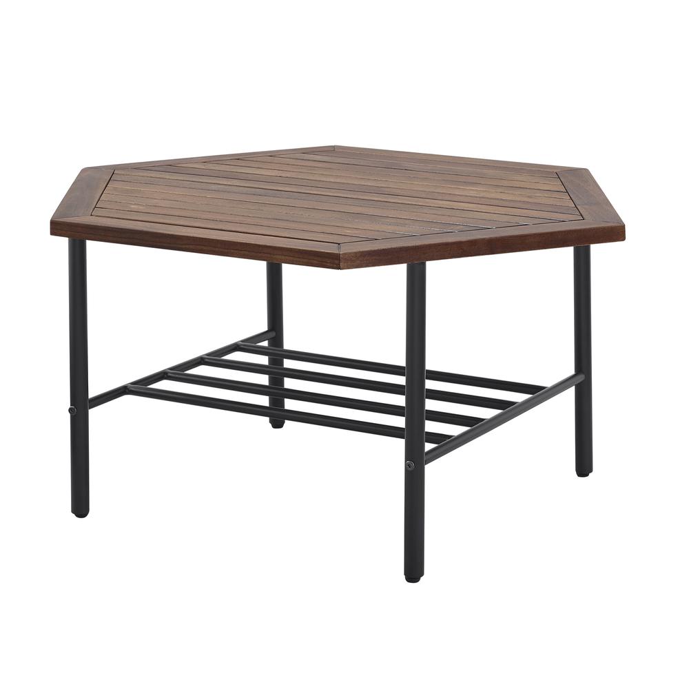 Pearson Modern Wood and Metal Outdoor Hexagon Coffee Table - Dark Brown. Picture 3