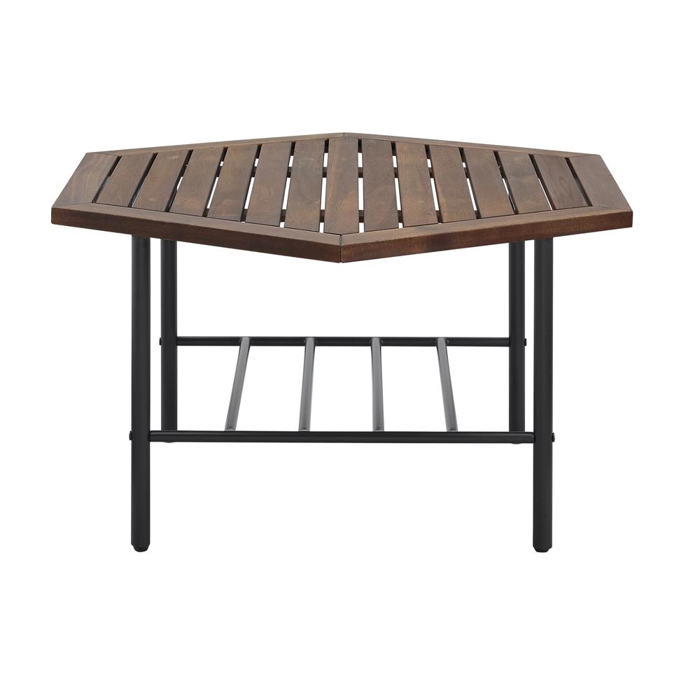 Pearson Modern Wood and Metal Outdoor Hexagon Coffee Table - Dark Brown. Picture 4