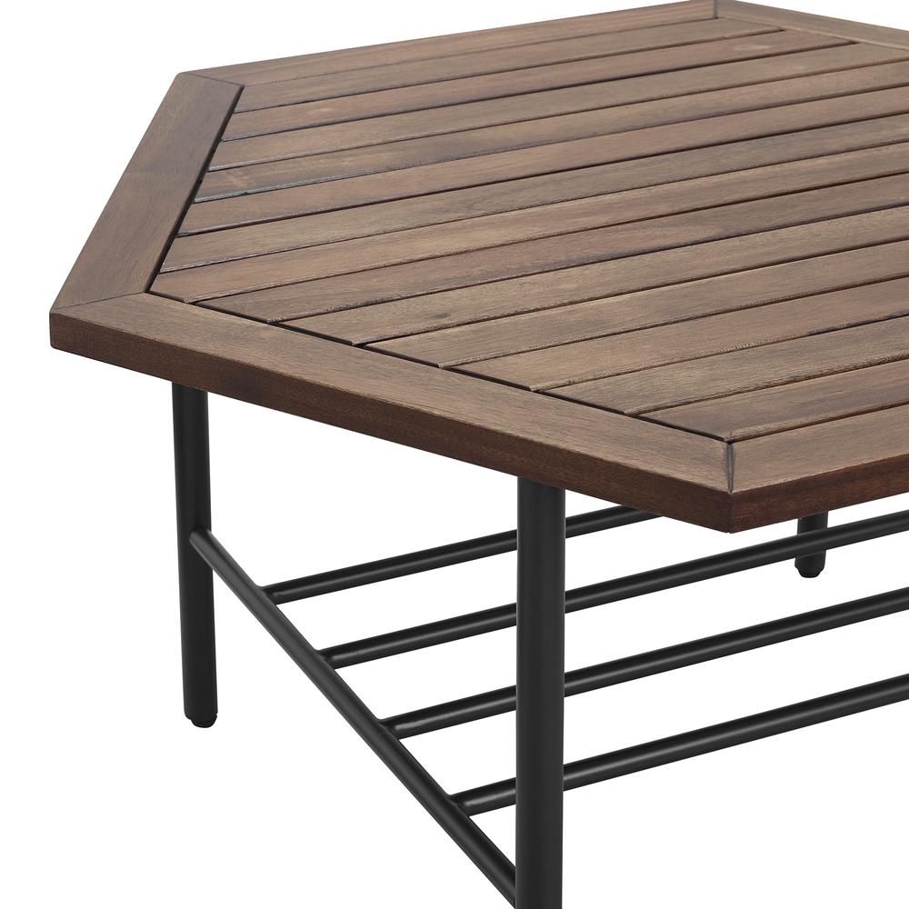 Pearson Modern Wood and Metal Outdoor Hexagon Coffee Table - Dark Brown. Picture 5