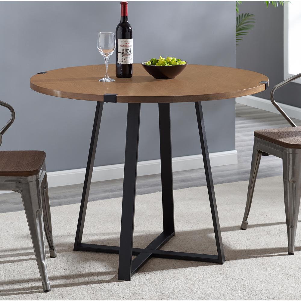 40" Round Metal Wrap Dining Table - English Oak / Black. Picture 2