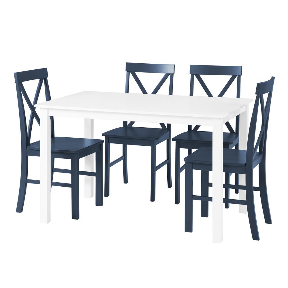 5-Piece Solid Wood Farmhouse Dining Set - White/Navy. Picture 1