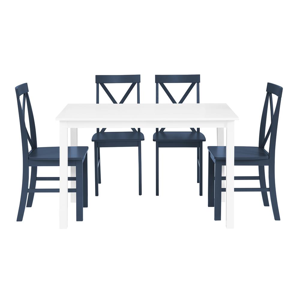 5-Piece Solid Wood Farmhouse Dining Set - White/Navy. Picture 2