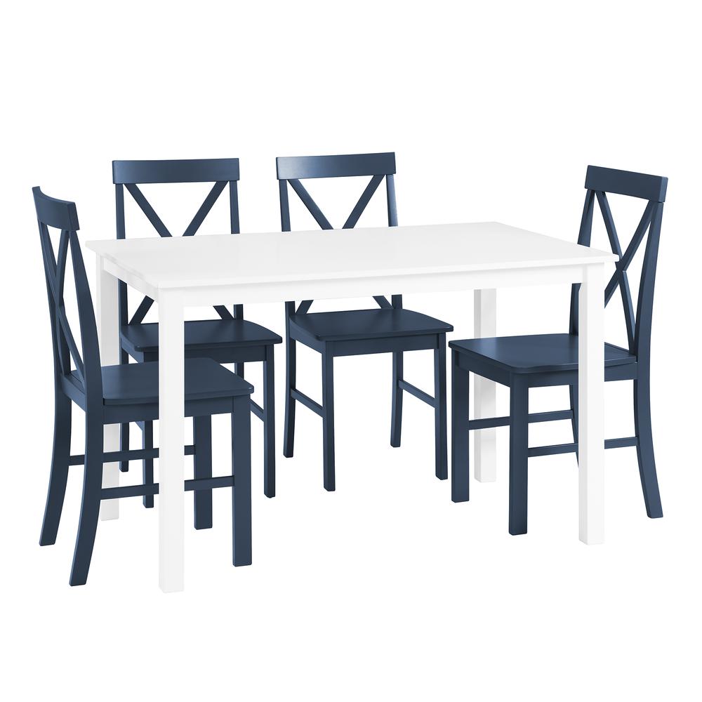 5-Piece Solid Wood Farmhouse Dining Set - White/Navy. Picture 3