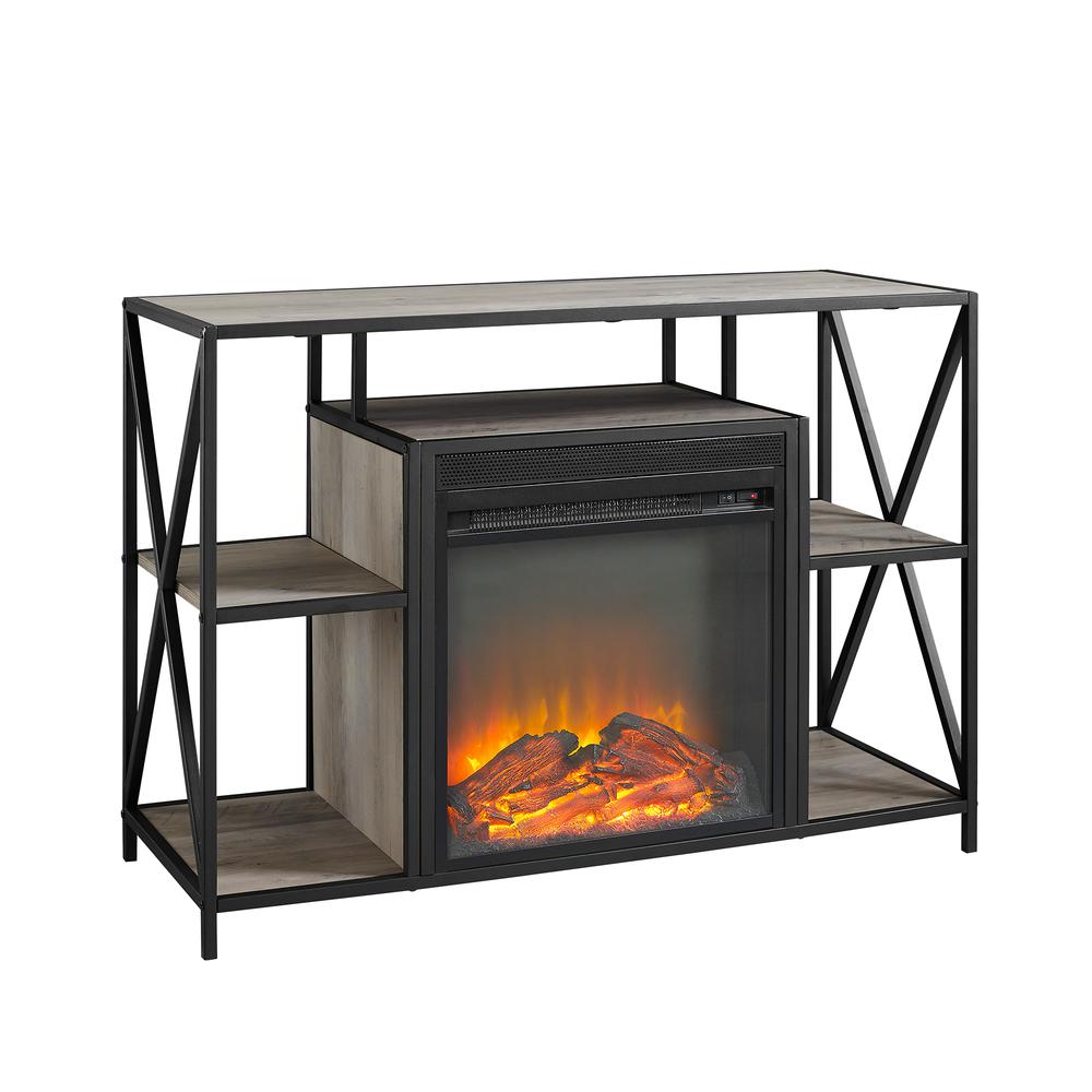 40" Urban Industrial X-Frame Open Shelf Fireplace TV Stand Storage Console - Grey Wash. Picture 1