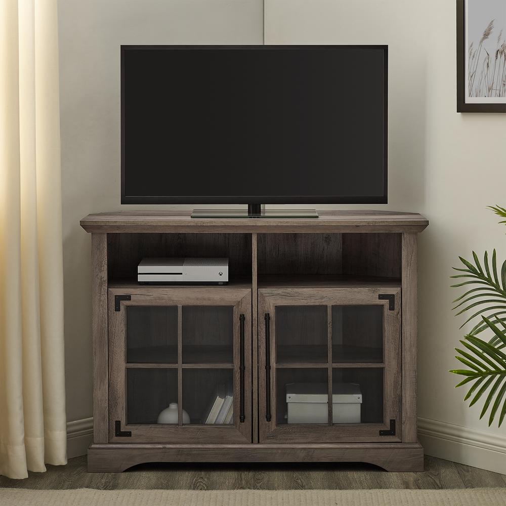 Modern Farmhouse Window Pane Door Tall Corner TV Stand for TVs up to 50” – Grey Wash. Picture 1