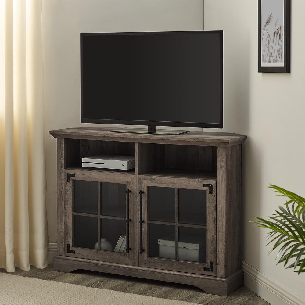 Modern Farmhouse Window Pane Door Tall Corner TV Stand for TVs up to 50” – Grey Wash. Picture 2