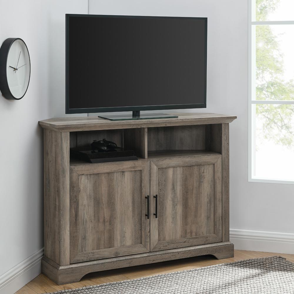 44" Grooved Door Corner TV Console - Grey Wash. The main picture.