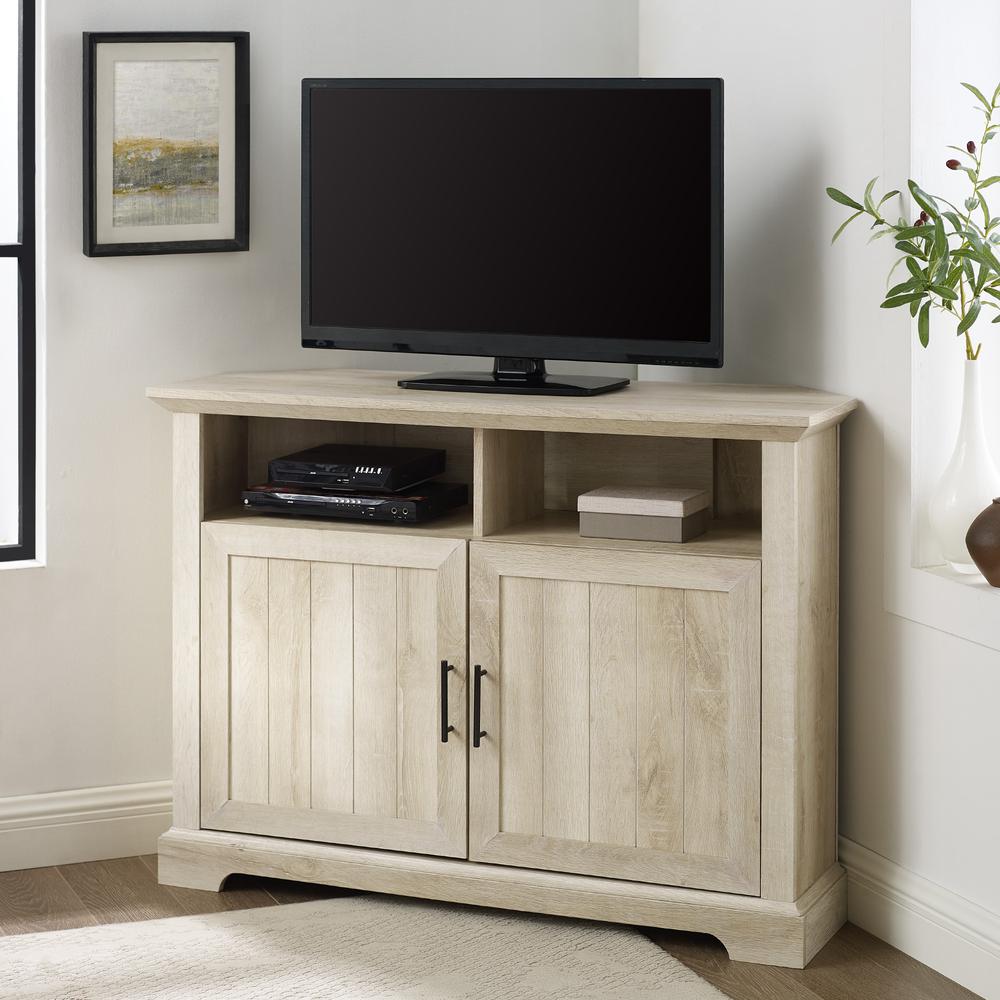 44" Grooved Door Corner TV Console - White Oak. Picture 3