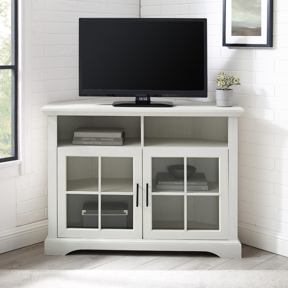 Classic Glass Door Tall Corner TV Stand for TVs up to 50” – Brushed White. Picture 7