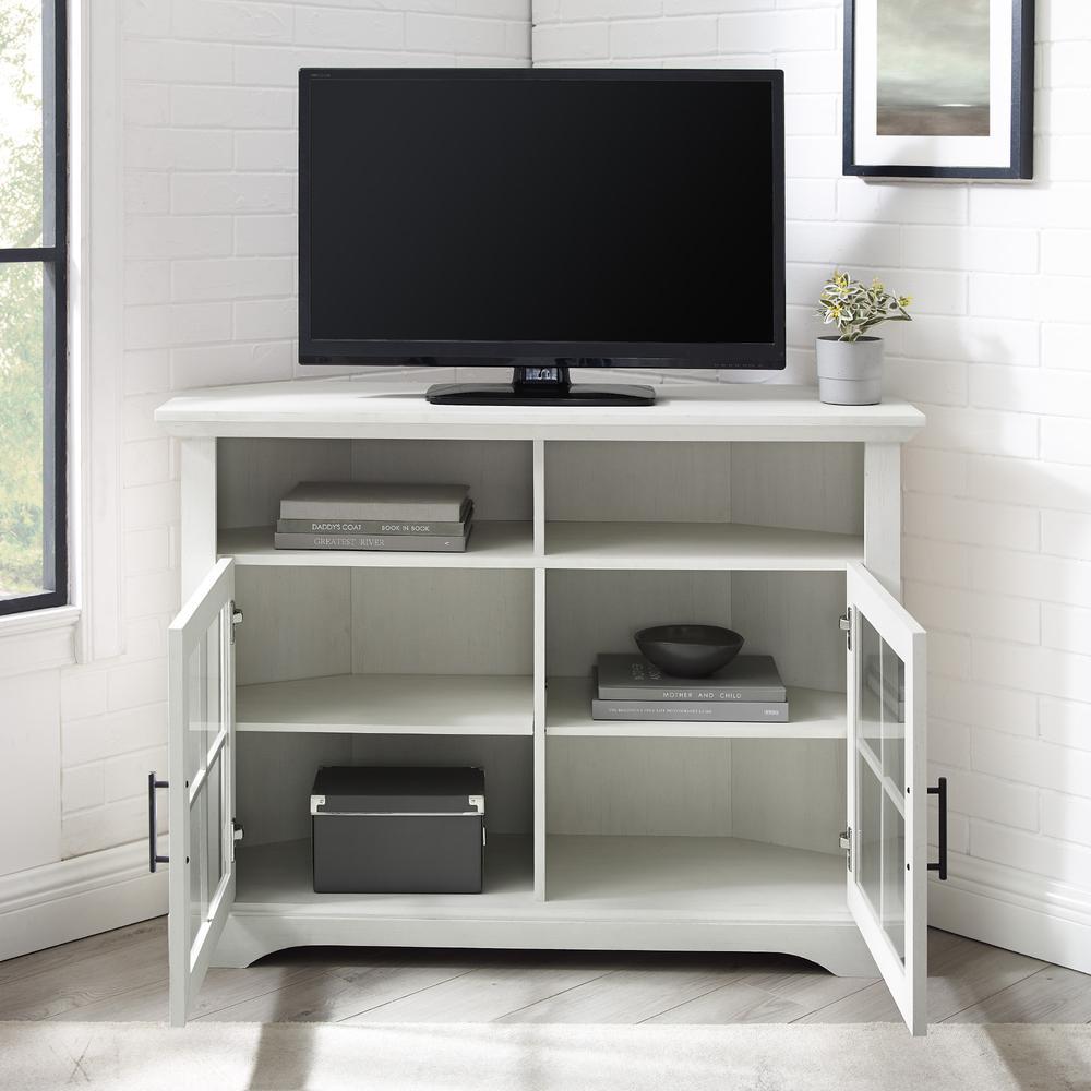 Classic Glass Door Tall Corner TV Stand for TVs up to 50” – Brushed White. Picture 8