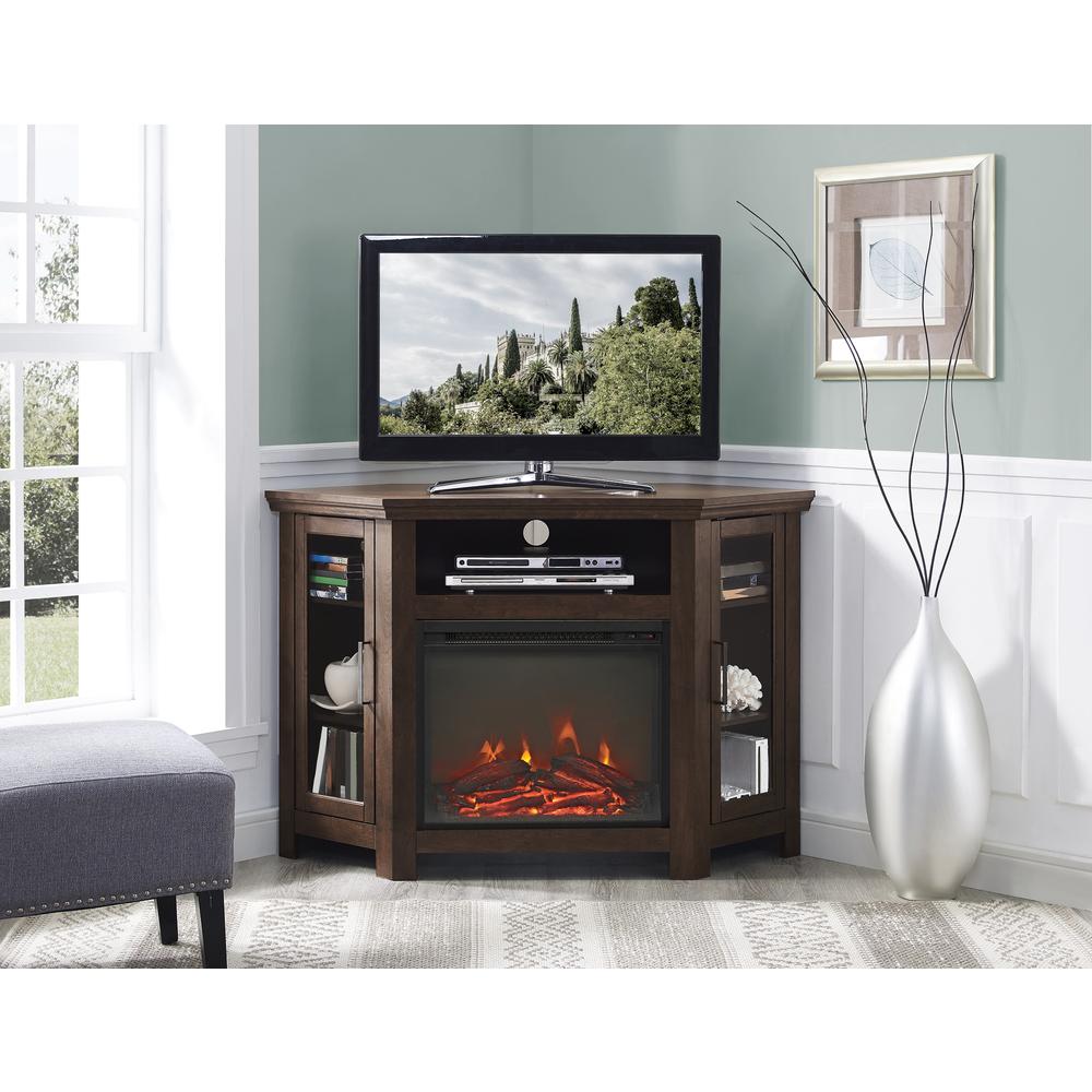 48" Wood Corner Fireplace Media TV Stand Console - Traditional Brown. Picture 2