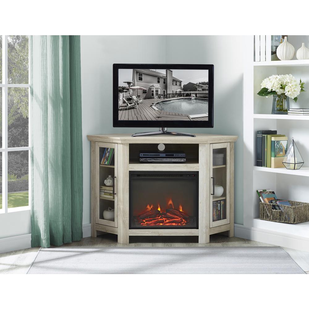 48" Wood Corner Fireplace Media  TV Stand Console  - White Oak. Picture 2