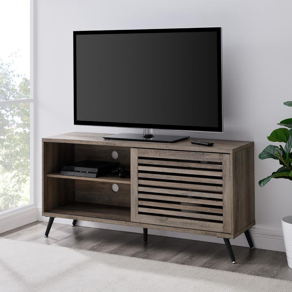 Modern Sliding Slat Door TV Stand for TVs up to 58 Inches – Grey Wash. Picture 1