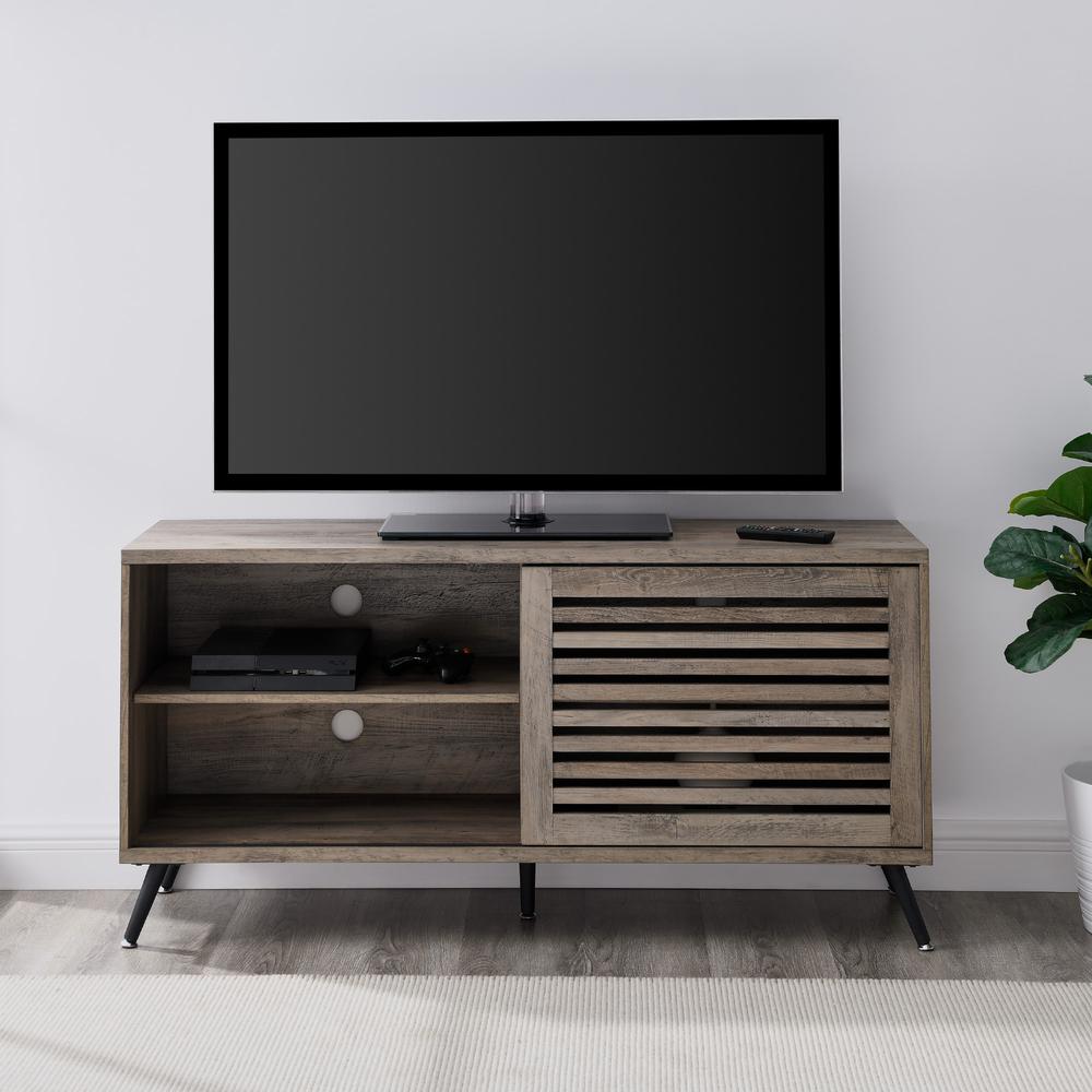 Modern Sliding Slat Door TV Stand for TVs up to 58 Inches – Grey Wash. Picture 2