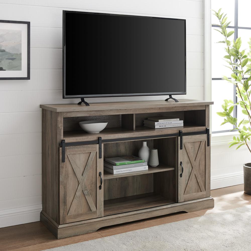 52" Modern Farmhouse High Boy Wood TV Stand with Sliding Barn Doors - Grey Wash. Picture 1