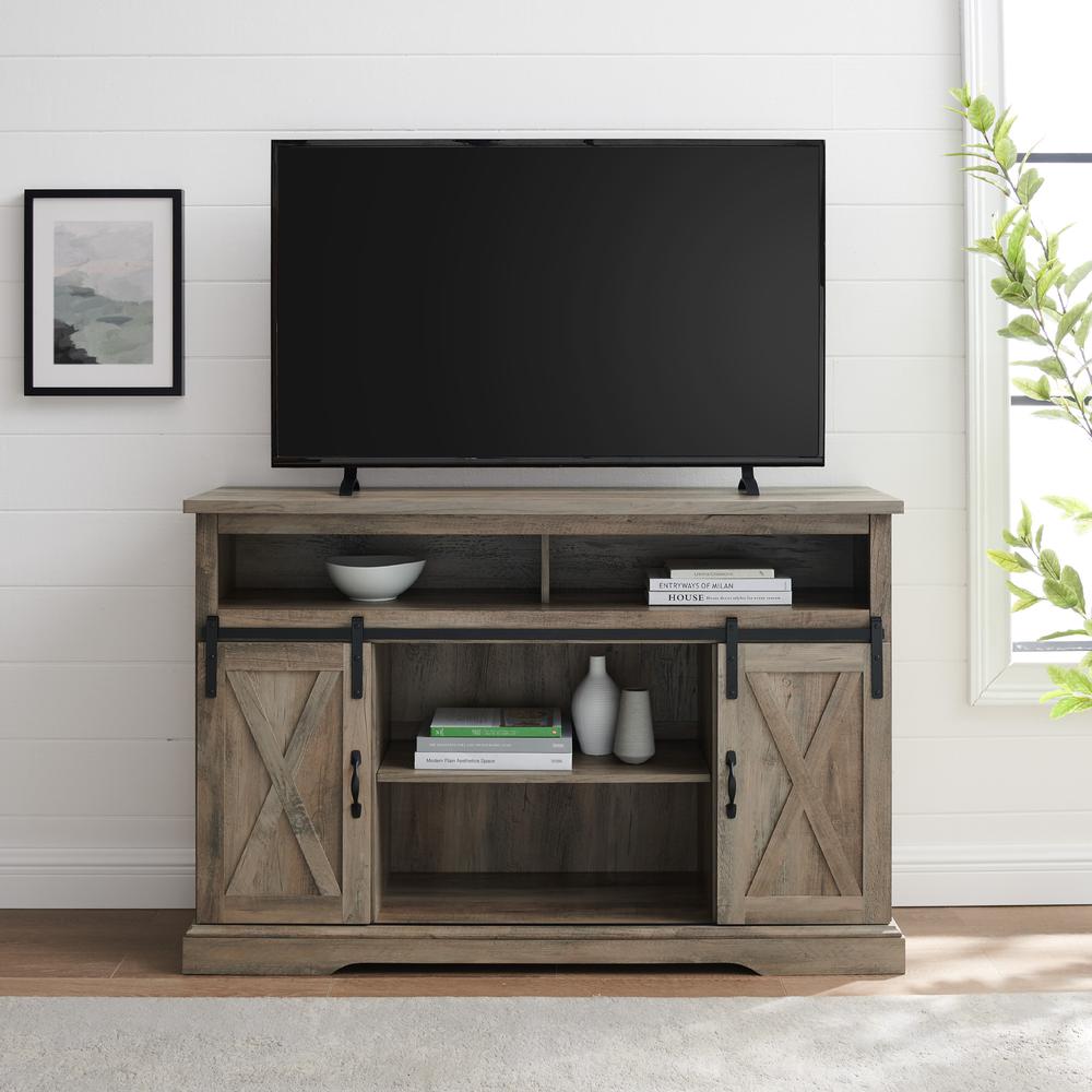 52" Modern Farmhouse High Boy Wood TV Stand with Sliding Barn Doors - Grey Wash. Picture 2