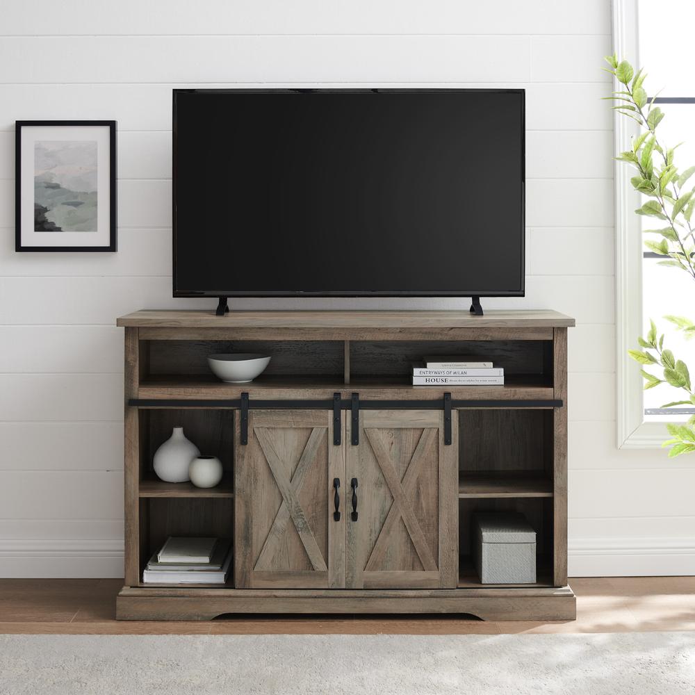 52" Modern Farmhouse High Boy Wood TV Stand with Sliding Barn Doors - Grey Wash. Picture 3