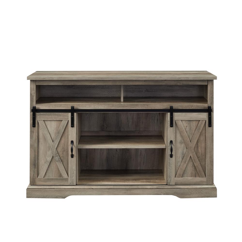 52" Modern Farmhouse High Boy Wood TV Stand with Sliding Barn Doors - Grey Wash. Picture 6