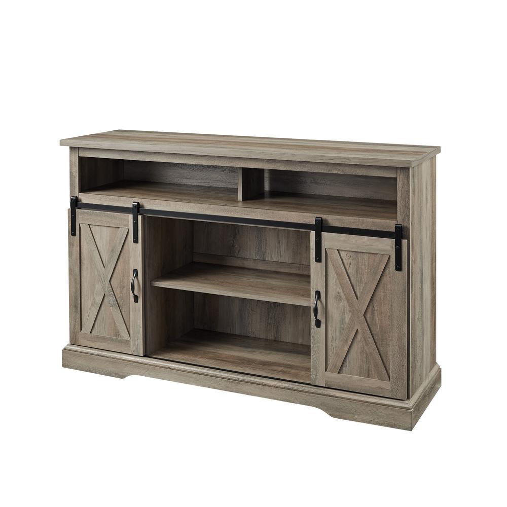52" Modern Farmhouse High Boy Wood TV Stand with Sliding Barn Doors - Grey Wash. Picture 7
