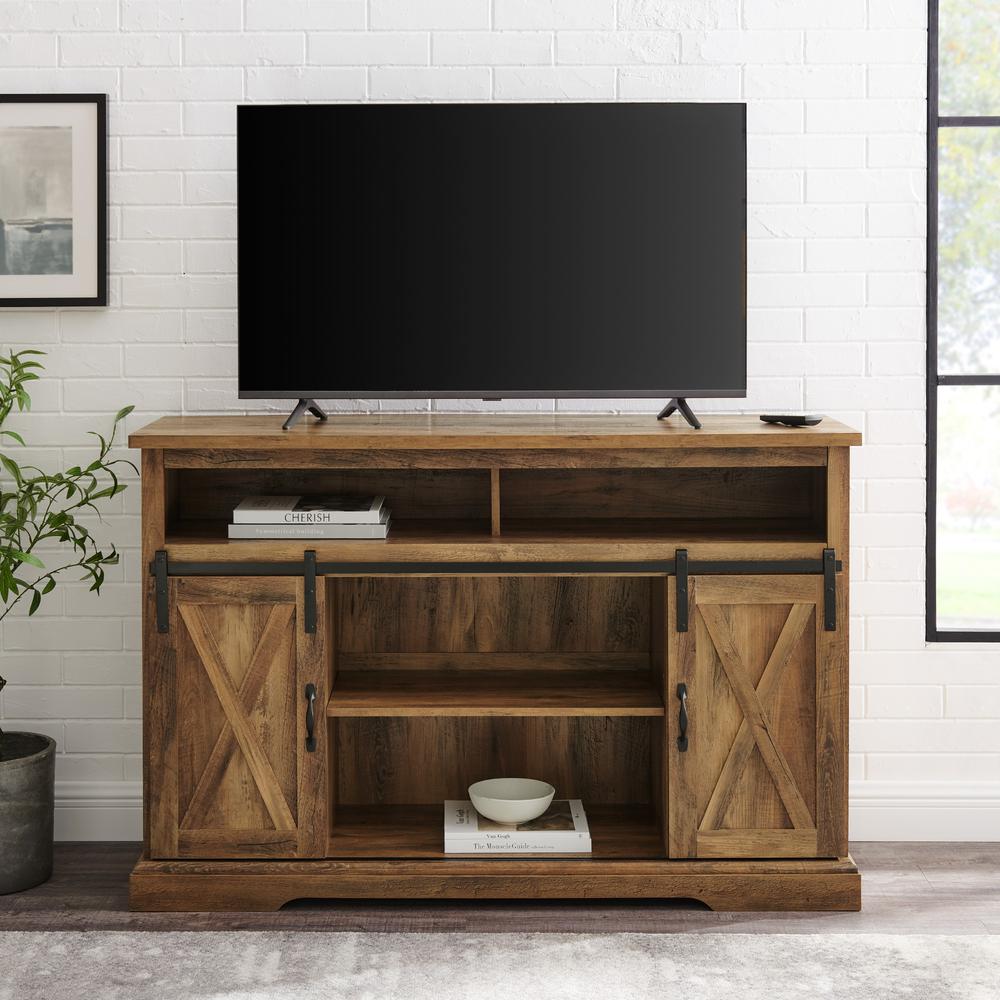 52" Modern Farmhouse High Boy Wood TV Stand with Sliding Barn Doors - Rustic Oak. Picture 2