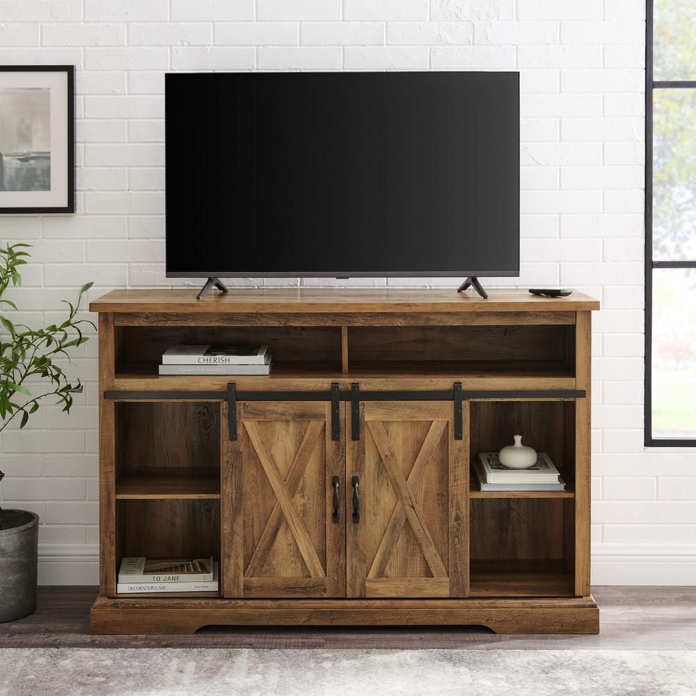 52" Modern Farmhouse High Boy Wood TV Stand with Sliding Barn Doors - Rustic Oak. Picture 3