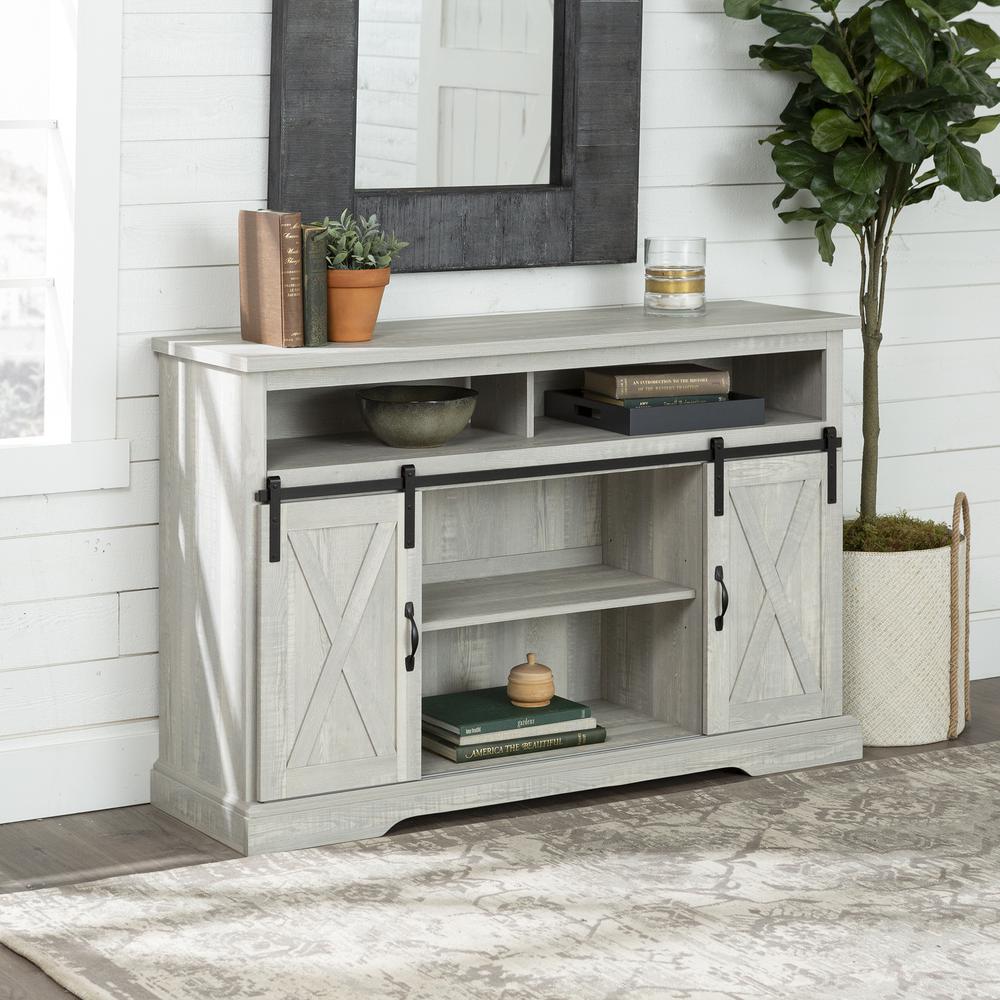 52" Modern Farmhouse High Boy Wood TV Stand with Sliding Barn Doors - Stone Grey. Picture 3