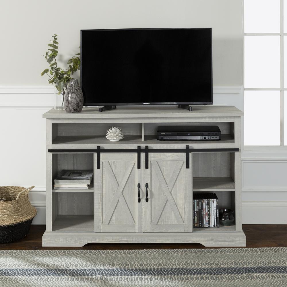 52" Modern Farmhouse High Boy Wood TV Stand with Sliding Barn Doors - Stone Grey. Picture 2