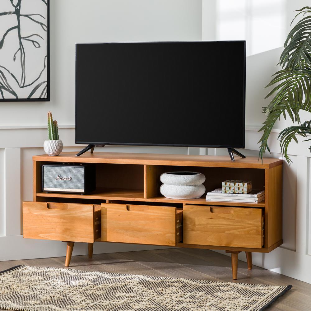 Modern Boho 3 Drawer Solid Wood Corner TV Stand for TVs up to 58 Inches – Caramel. Picture 5
