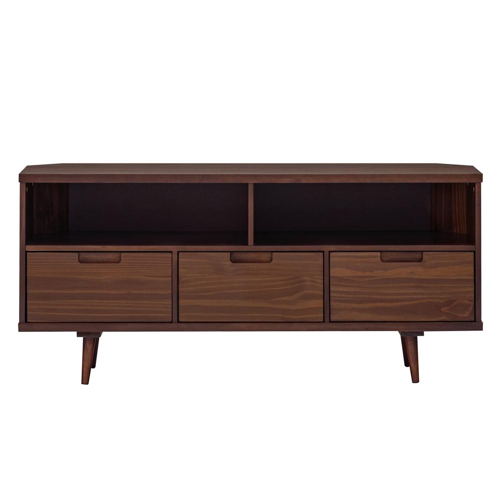 Modern Boho 3 Drawer Solid Wood Corner TV Stand for TVS up to 58 Inches – Walnut. Picture 1