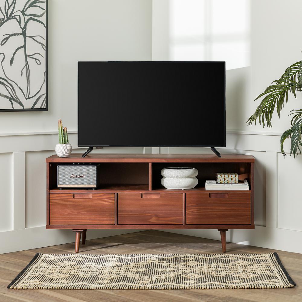 Modern Boho 3 Drawer Solid Wood Corner TV Stand for TVS up to 58 Inches – Walnut. Picture 7