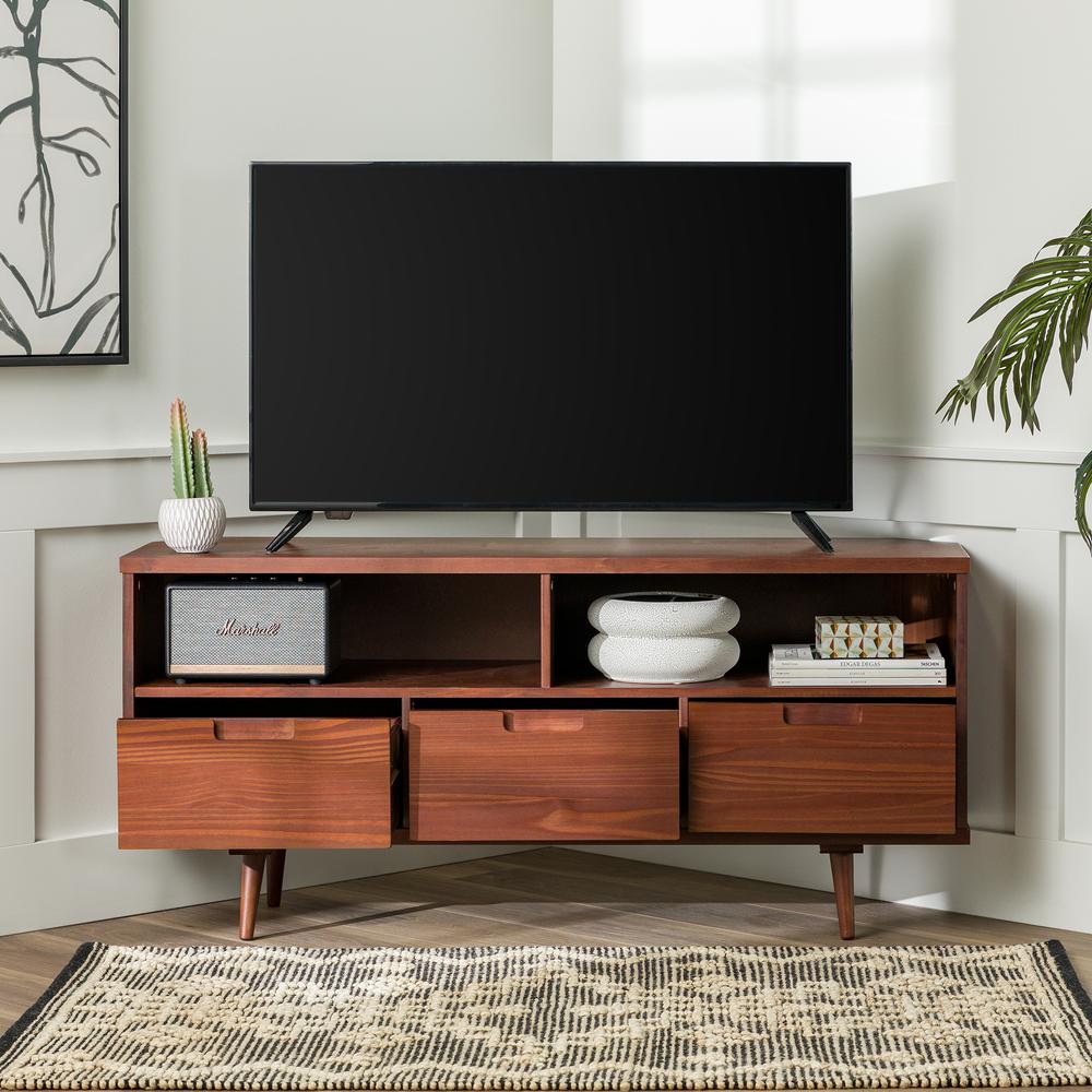 Modern Boho 3 Drawer Solid Wood Corner TV Stand for TVS up to 58 Inches – Walnut. Picture 8