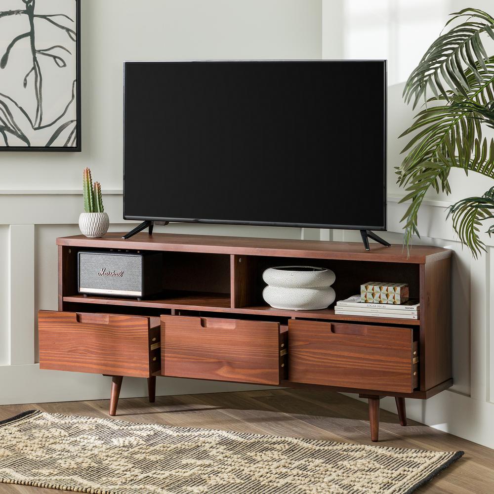 Modern Boho 3 Drawer Solid Wood Corner TV Stand for TVS up to 58 Inches – Walnut. Picture 9