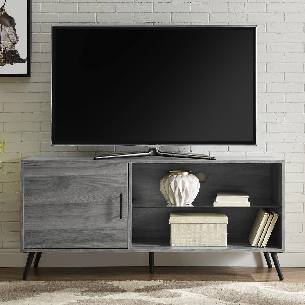 52" TV Stand with Glass Shelf, Black Legs - Slate Grey. Picture 2