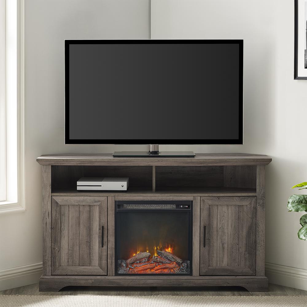 Coastal Grooved Door Fireplace Corner TV Stand for TVs up to 60” - Grey Wash. Picture 1