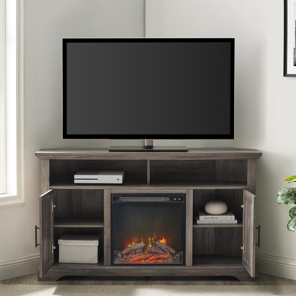 Coastal Grooved Door Fireplace Corner TV Stand for TVs up to 60” - Grey Wash. Picture 2