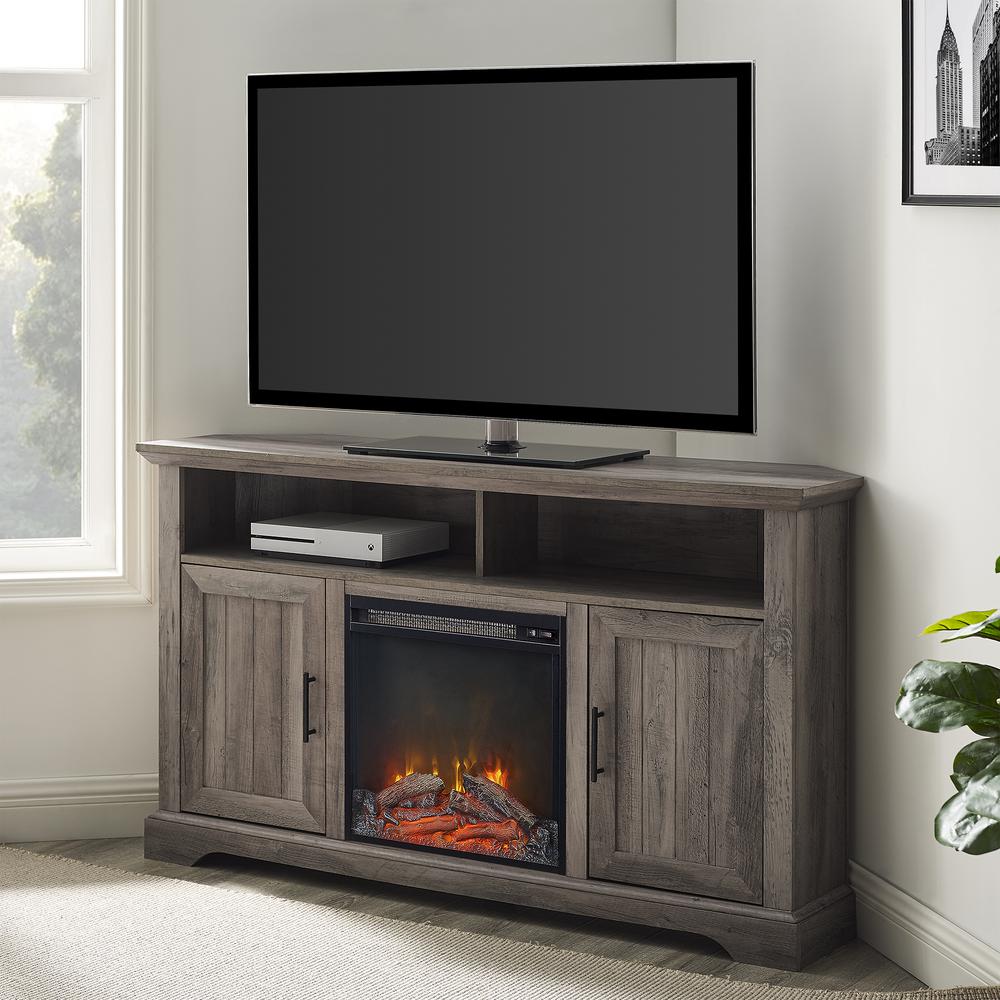 Coastal Grooved Door Fireplace Corner TV Stand for TVs up to 60” - Grey Wash. Picture 6