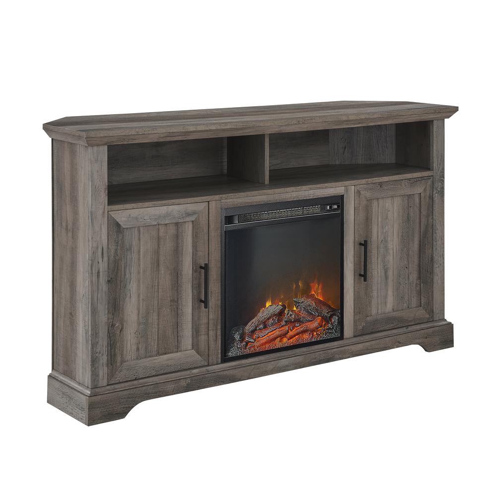 Coastal Grooved Door Fireplace Corner TV Stand for TVs up to 60” - Grey Wash. Picture 4