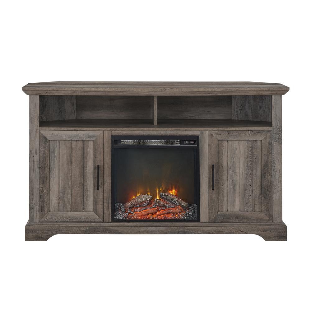 Coastal Grooved Door Fireplace Corner TV Stand for TVs up to 60” - Grey Wash. Picture 5