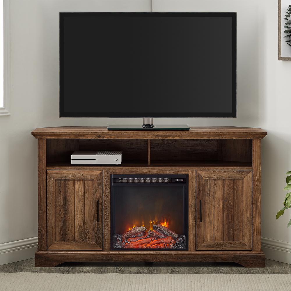 Coastal Grooved Door Fireplace Corner TV Stand for TVs up to 60” - Rustic Oak. Picture 1