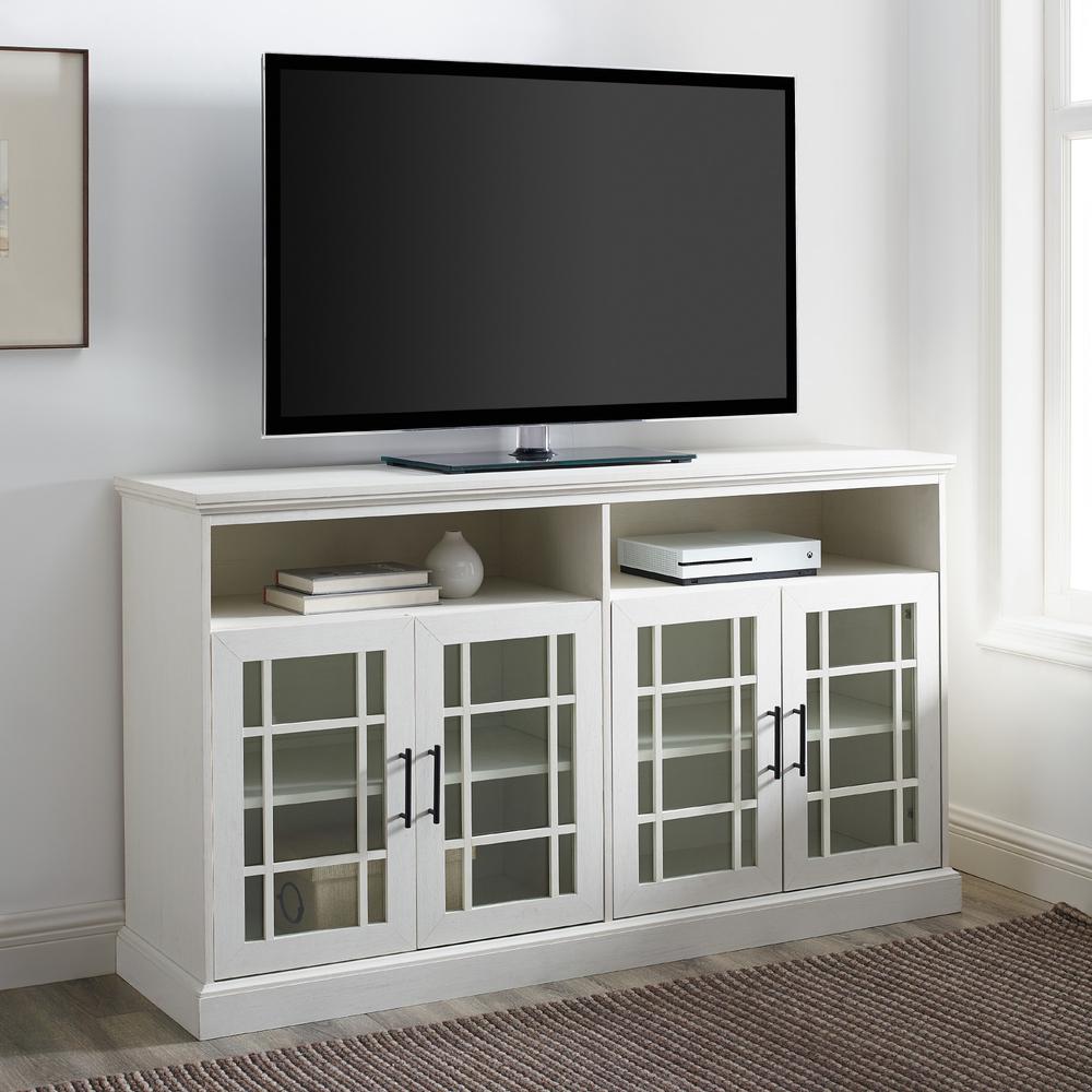 Classic Windowpane Glass Door Tall TV Stand for TVs up to 65” – Brushed White. Picture 1