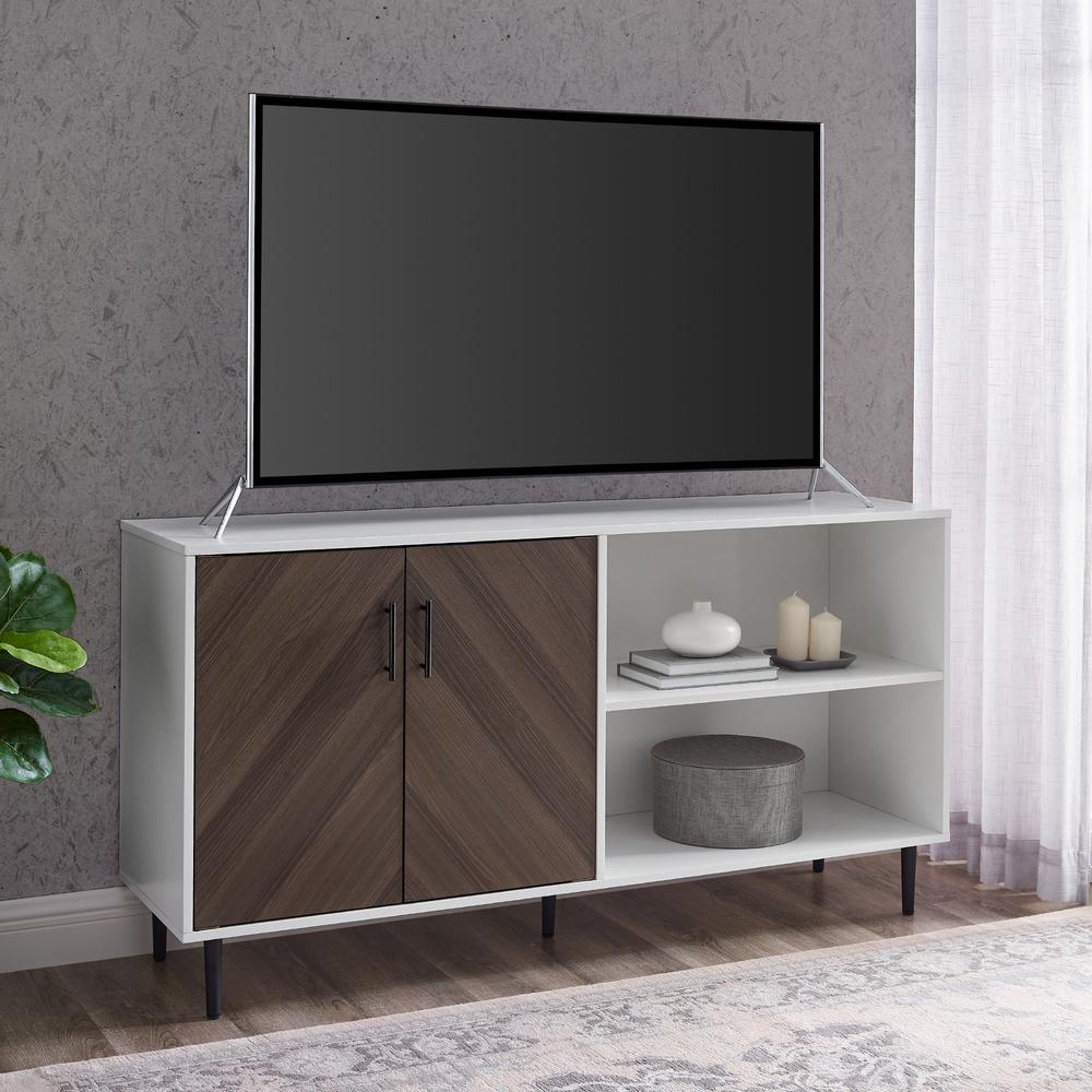Hampton 58" Mid Century Modern Bookmatch Asymmetrical TV Stand - Ash Brown Bookmatch/Solid White. The main picture.