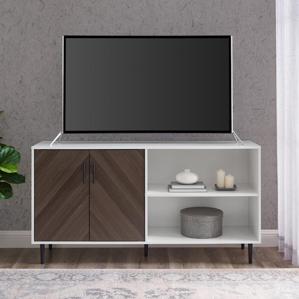 Hampton 58" Mid Century Modern Bookmatch Asymmetrical TV Stand - Ash Brown Bookmatch/Solid White. Picture 2